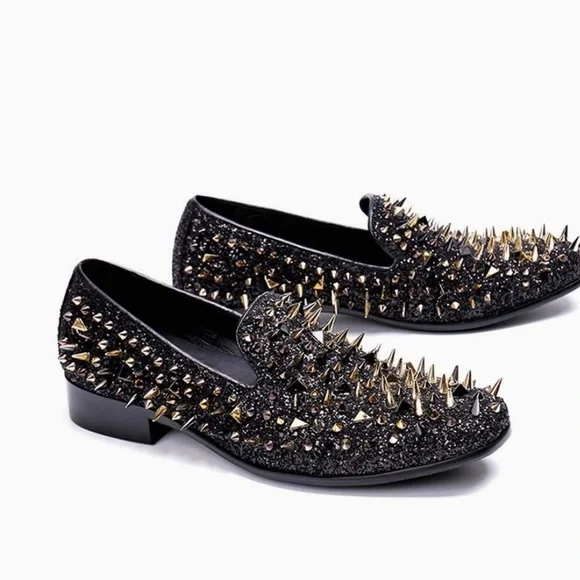 Men\'s Spiked Red Bottom Loafers in Gold and Black Christian Louboutin Black Suede Spike Loafers Size 42.5  main image 4